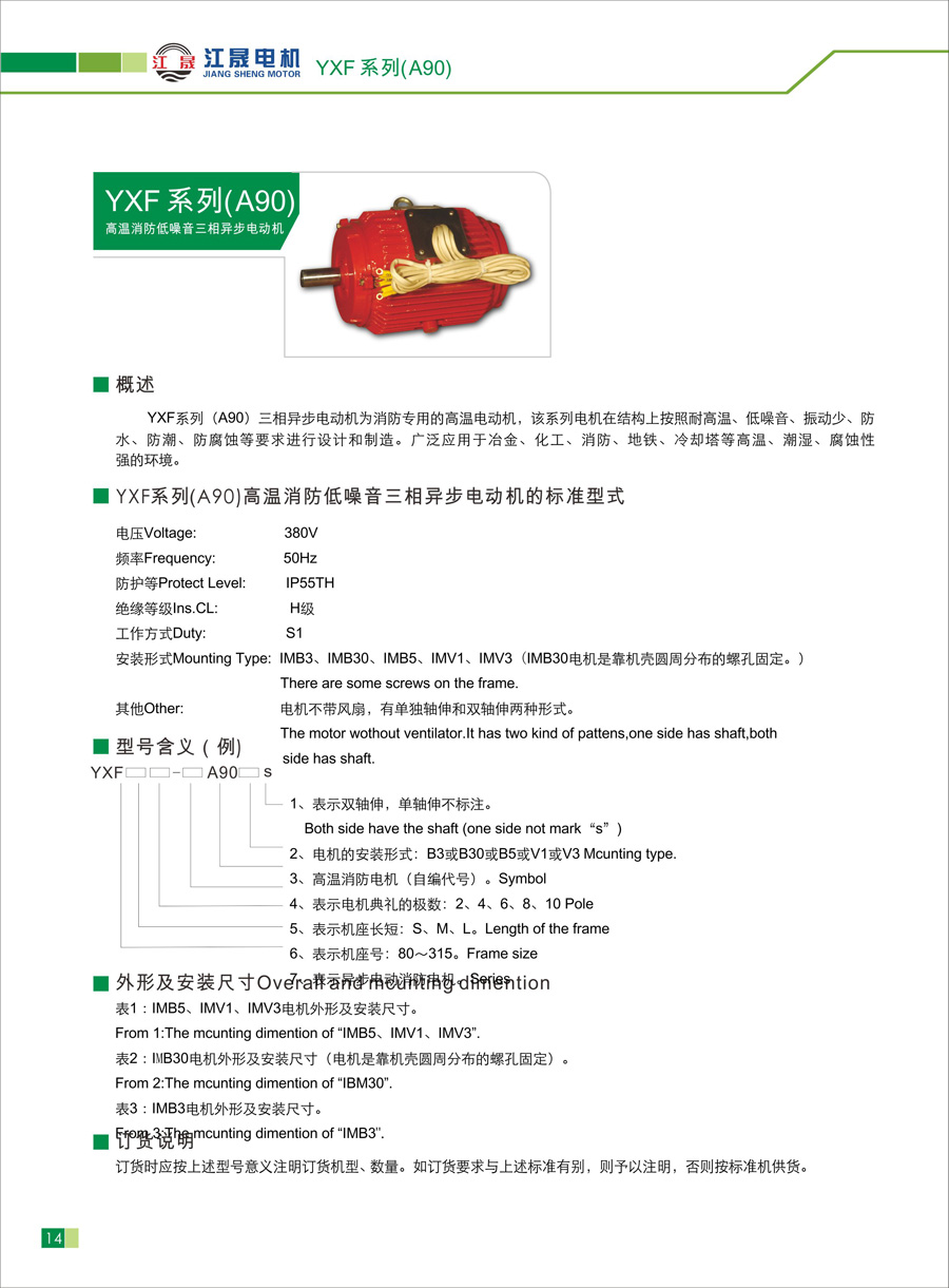 江晟YXF(A90)系列消防風機專用三相異步電動機參數表
